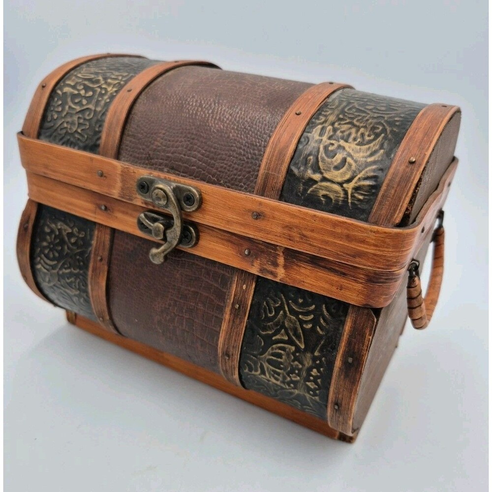 Vintage Style Rustic Wooden Chest, Leather Bound and Embossed 7"x 6"x 6."